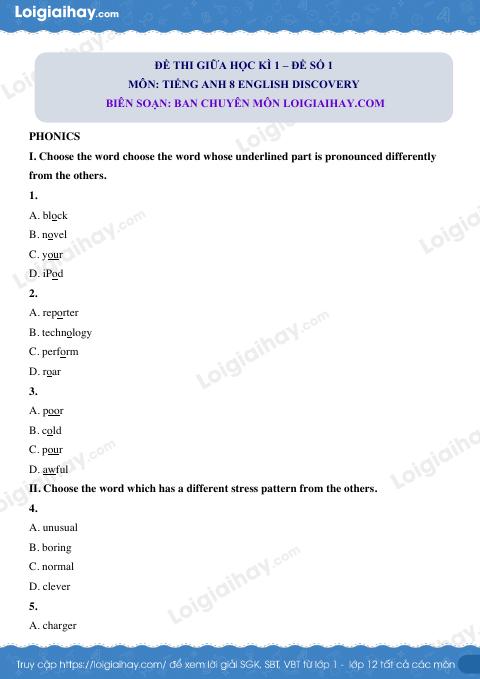 Đề thi giữa kì 1 Tiếng Anh 8 English Discovery - Đề số 1